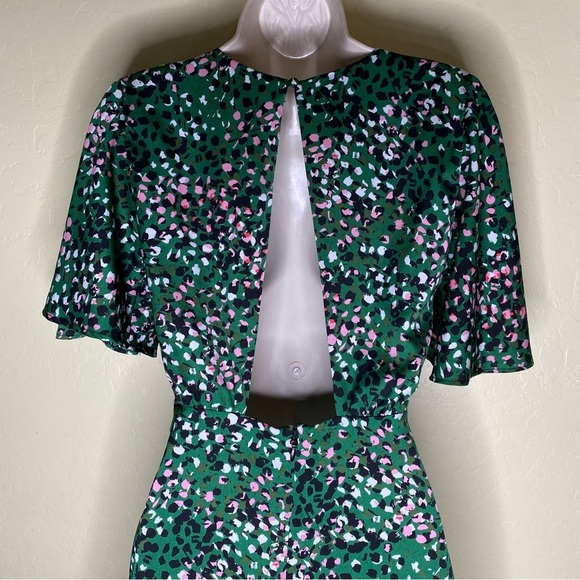 Topshop Animal Print Satin Open Back Green Flutter Sleeve Mini Dress Size 2 - Picture 11 of 16